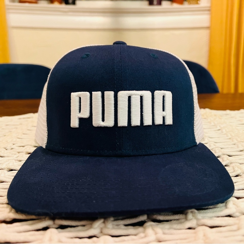 Puma - Flat Brim Snap Back Trucker Hat - Blue with White Mesh